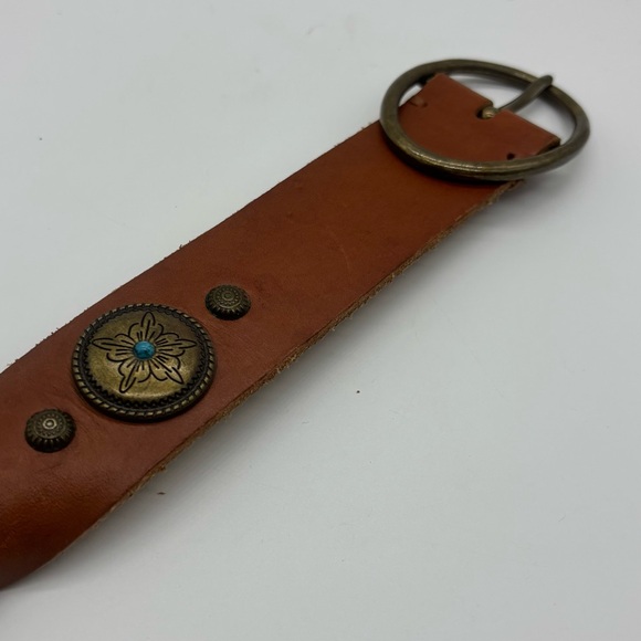 Vintage Leather Belt Braided Brass Concho  Blue Center Large 34”-38” Unisex - Picture 3 of 7